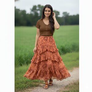 Ideology Ruffled Bohemian Style Brown and Orange Cairo Long Skirt